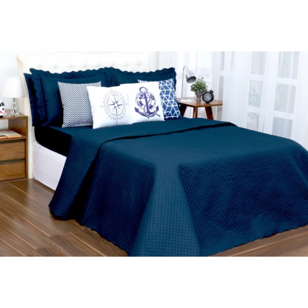 Kit Cobreleito e Lençol Liberty Queen Com Almofadas Azul 08 pçs