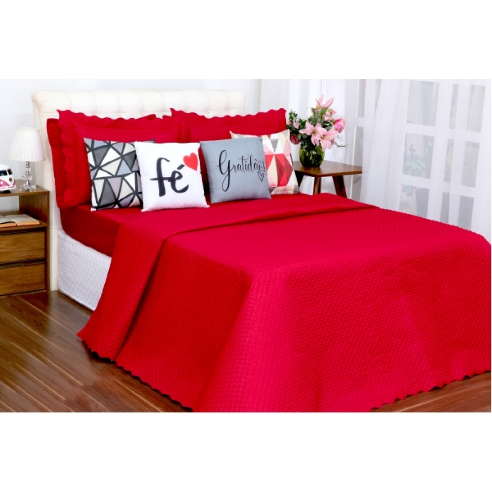 Kit Cobreleito e Lençol Liberty Queen Com Almofadas Vermelho 08 pçs